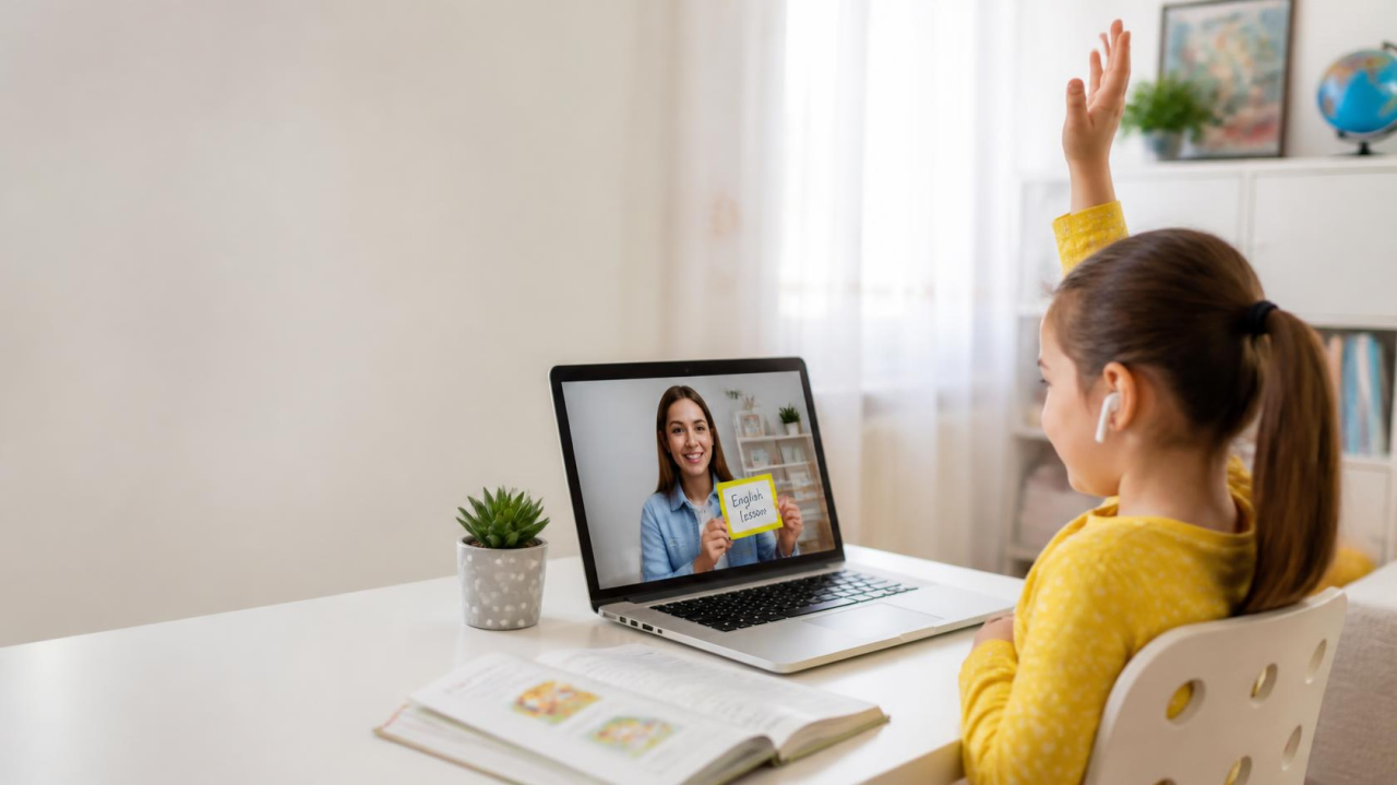 Zoom üzerinden online İngilizce dersine katılan gülümseyen ilkokul öğrencisi